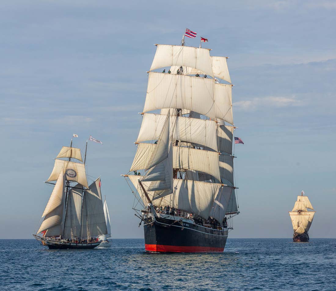 Maritime Museum of San Diego ships under sail. Left to right, Californian, Star of India, and San Salvador.