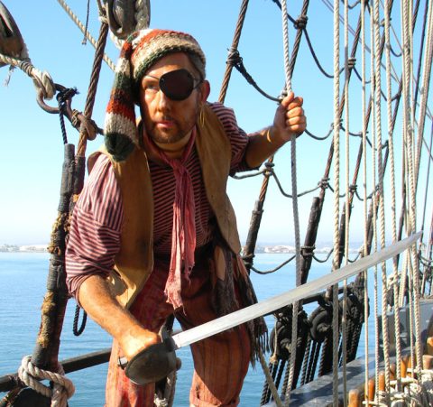 Boarded! A New Pirate Adventure, Pirate in the rigging holding a sword.